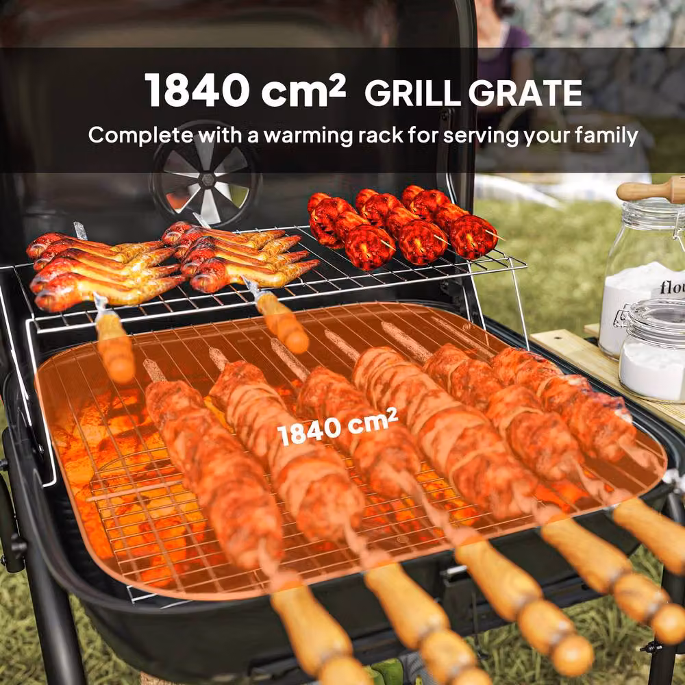 Rolipo Red Charcoal BBQ Grill Cart with 1840cm2 Cooking Area, Warming Rack and Wheels, H 91 cm x W 54 cm x D 54 cm – 5