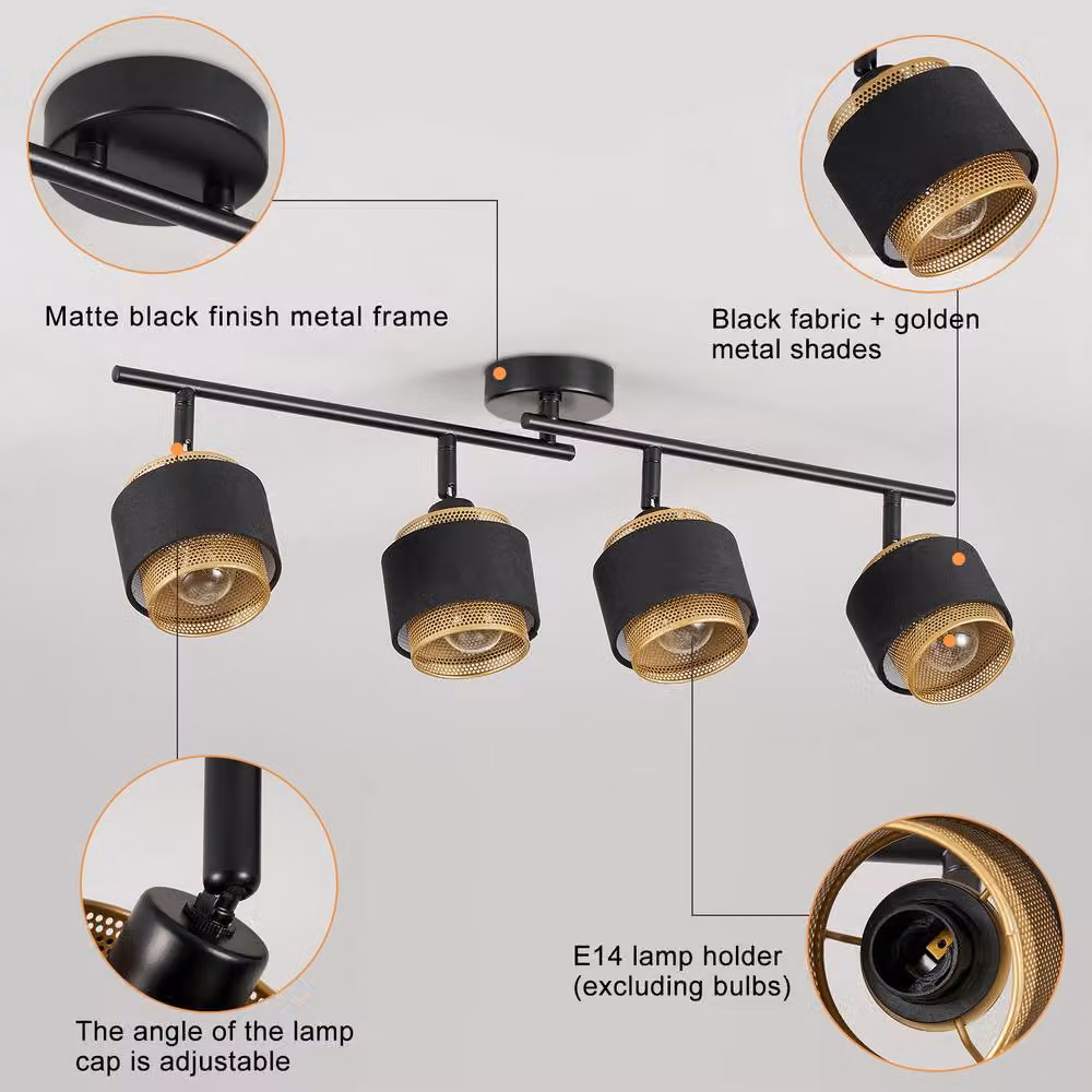 Harper Living 4 Way Modern Ceiling Track Lighting, Black and Gold/Brass, Adjustable Metal Mesh and Fabric Shade, 4 x E14 Max 40W – 2