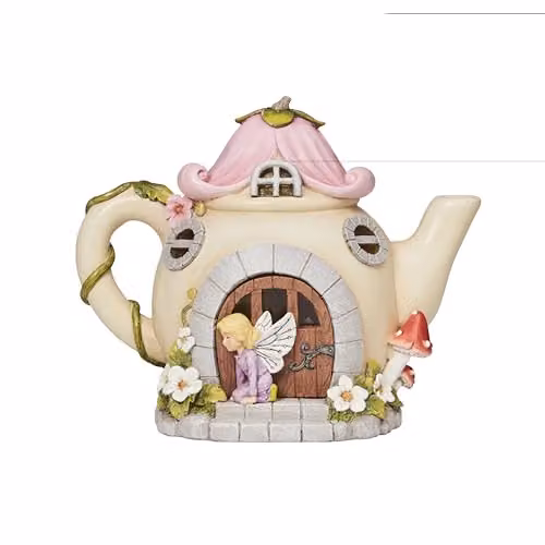 mysmartbuy Solar Powered Teapot Shaped Fairy House LED Light Up Garden Ornament, Multicolour and White, H19 x W24 x D15 cm – 3