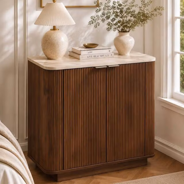Merax 2 Door Sideboard in Walnut Effect with Travertine Effect Top – 1
