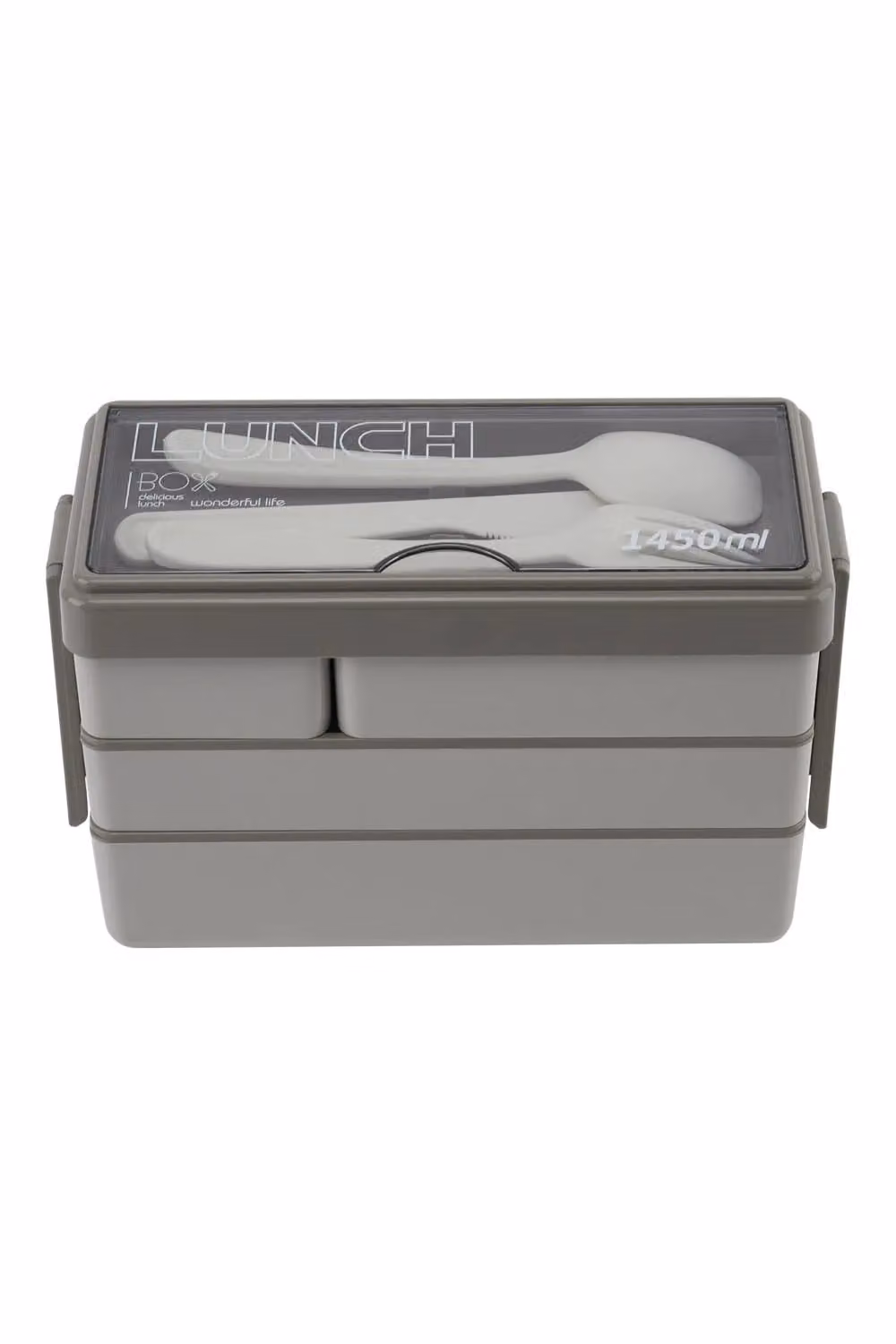 Living and Home 3-Layer Plastic Bento Lunch Box with 4 Compartments and Cutlery, 1450 ml, Beige – 2