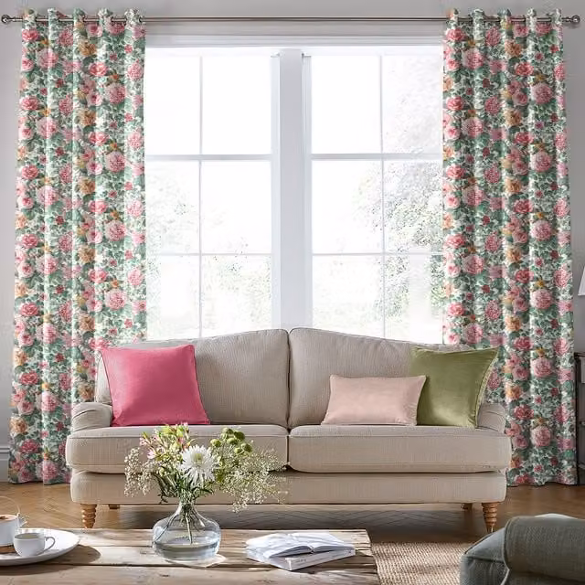 Laura Ashley Aveline Made to Measure Blackout Eyelet Curtains in Pink and Multicolour Floral Design