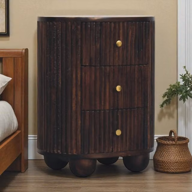 Artisan Furniture Solid Mango Wood Curved Fluted 3-Drawer Bedside Table in Brown