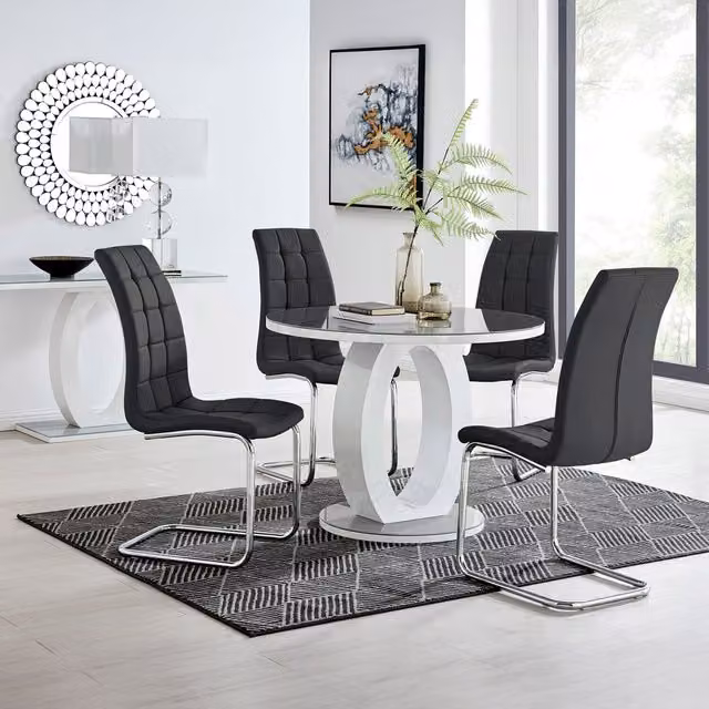 FurnitureboxUK Giovani Grey Round Glass Dining Table with 4 Black Murano Chairs, Diameter: 100 cm