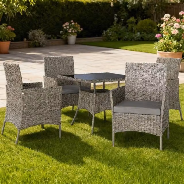 ERGOVEXA Five-Piece Polyrattan Garden Dining Set with Glass Table in Grey
