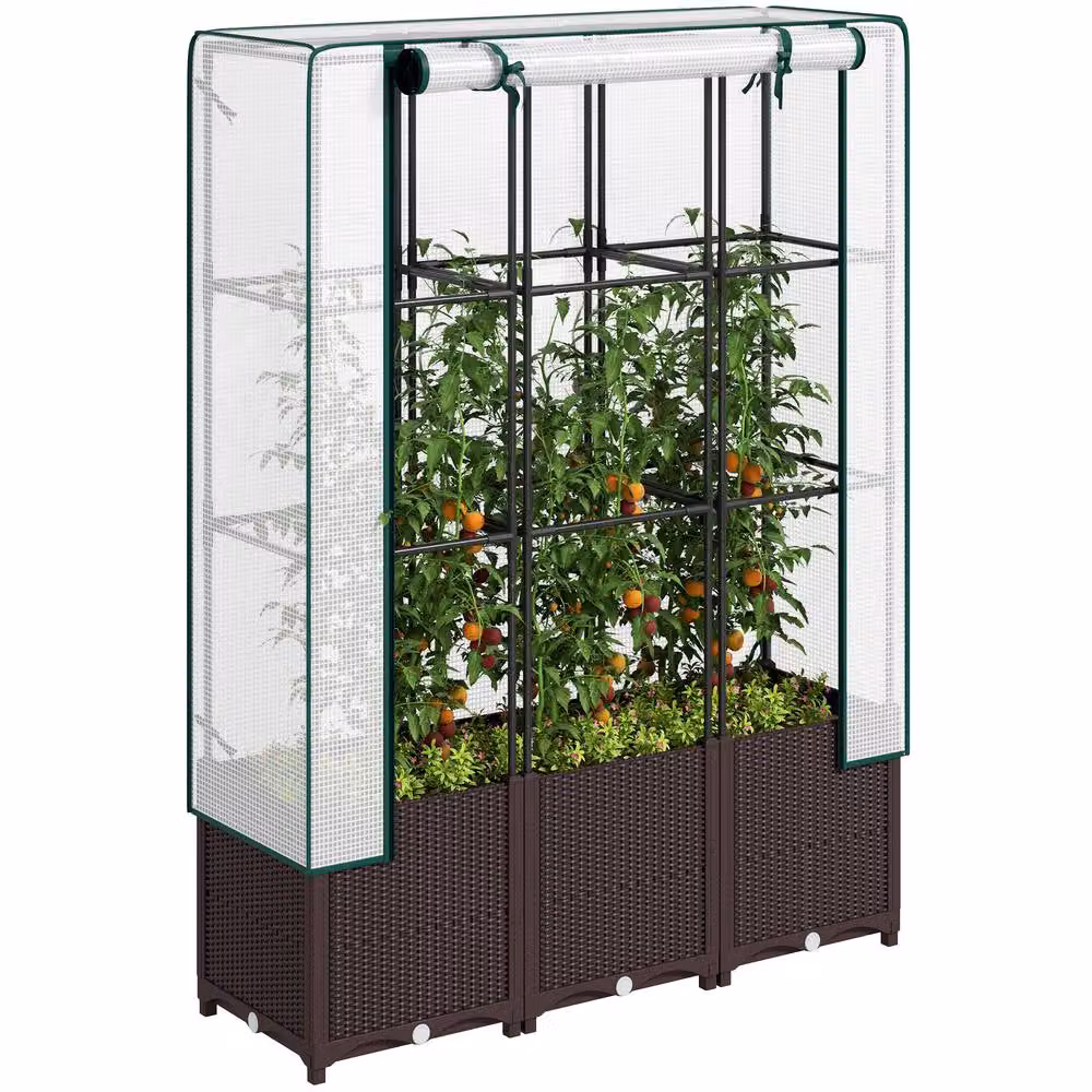 OUTSUNNY Brown Plastic Raised Bed Vegetable Planter with Trellis, W/D/H: 120 x 40 x 140 cm – 2