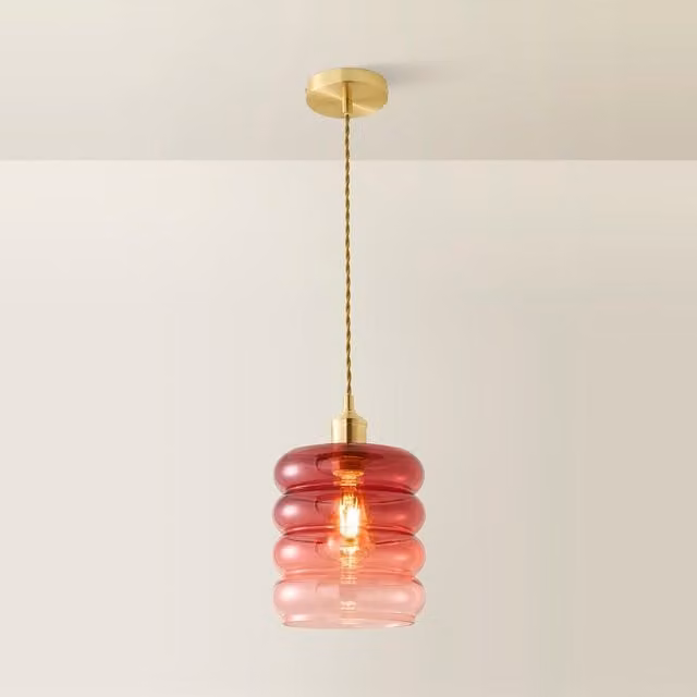 ValueLights Giselle Ombre Berry Glass Ceiling Pendant Light in Pink and Gold/Brass with Bulb