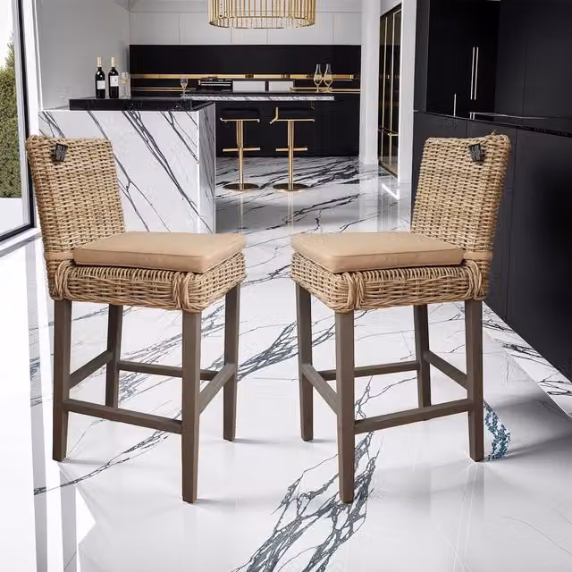 FWStyle Set of 2 Solid Pine Bar Stools with Rattan Detail in Greywash and Brown
