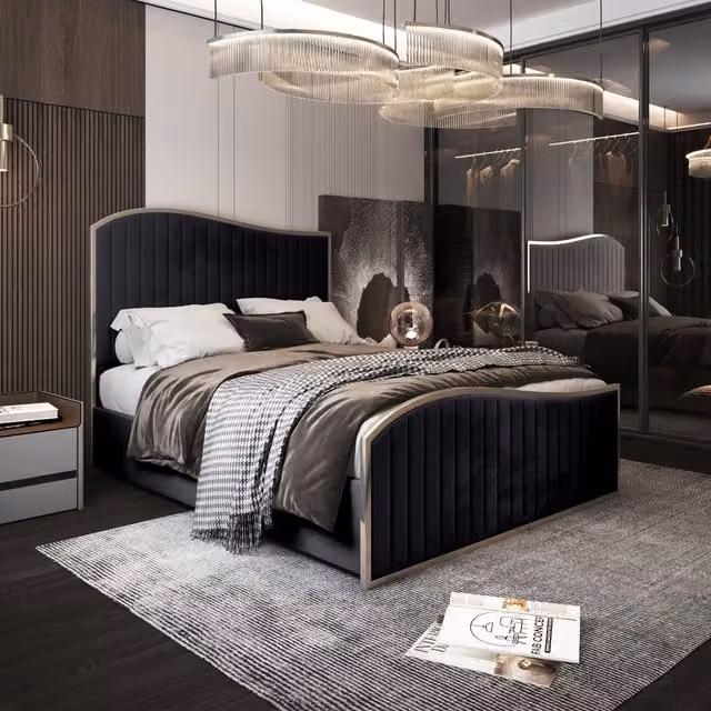 Darlington Soft Velvet Upholstered Metal Bed Frame in Black, W/D/H: 120 x 200 cm
