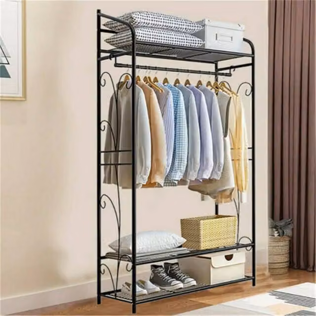 Nordara Vintage Metal Clothes Rail and Storage Shelf in Matt Black