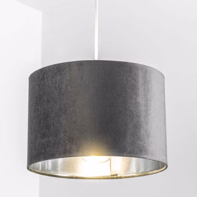 CGC Nila Luxury Grey Velvet and Silver Inner Round Pendant Drum Lamp Shade