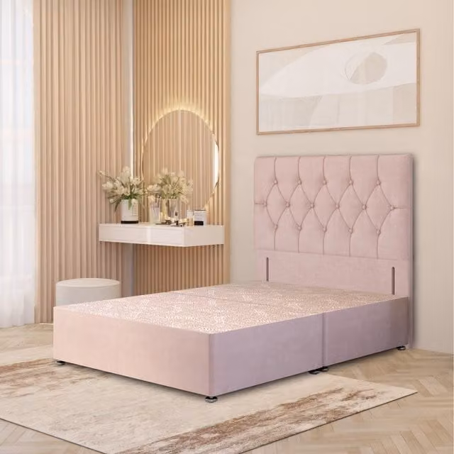 Somnior Beds Ltd Chesterfield Velvet Divan Bed Base with Drawers and Floor Standing Headboard, Pink, W/D/H: 140 x 200 cm