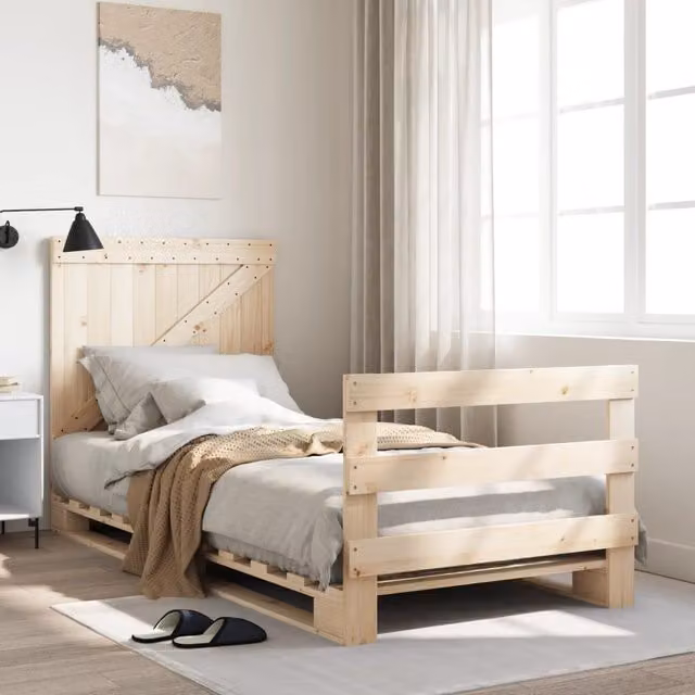 Berkfield Home Solid Wood Pine Bed Frame with Headboard in Brown, W/D/H: 90 x 200 cm