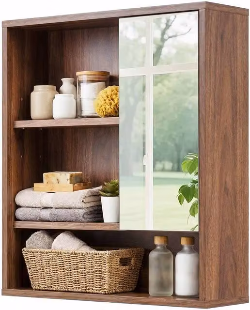 Gymax Brown Wall Mounted Medicine Cabinet with Mirror and Internal Shelves – 1