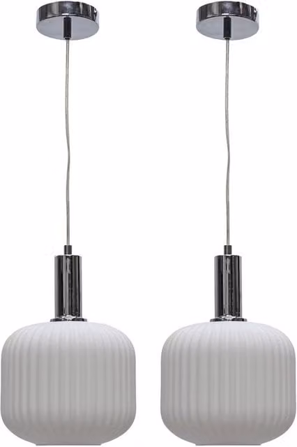 First Choice Lighting Bento Set of 2 White Ribbed Glass and Chrome Deco Pendant Lights – 1