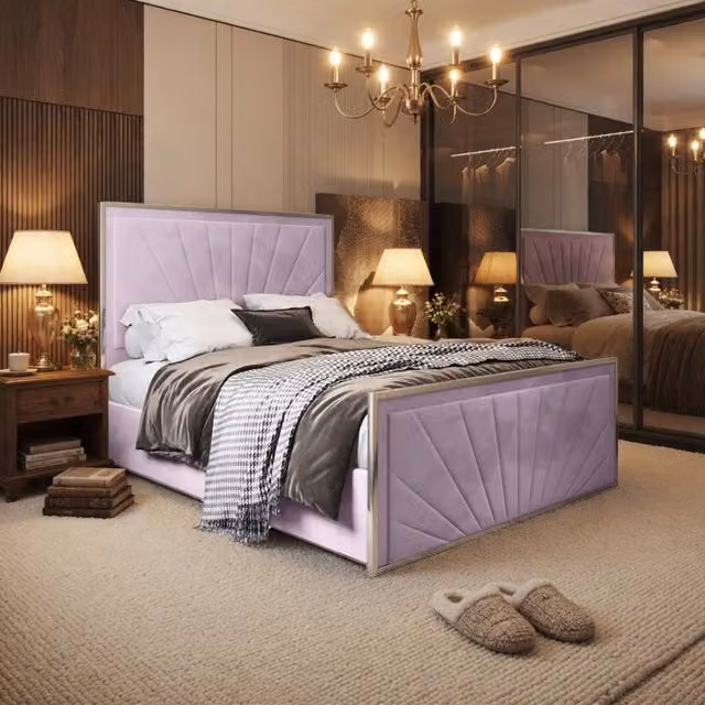 KDMD Waddington Double Velvet Upholstered Metal Bed Frame in Pink, W/D/H: 137 x 140 x 135 cm – 1