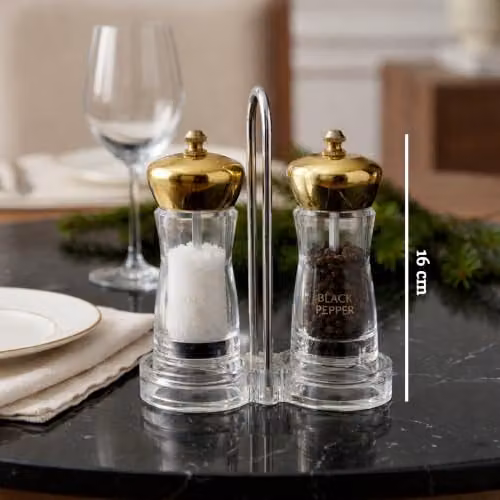 Orsina Gold and Transparent Acrylic Salt and Pepper Mill Set with Stand and Ceramic Mechanisms – 2