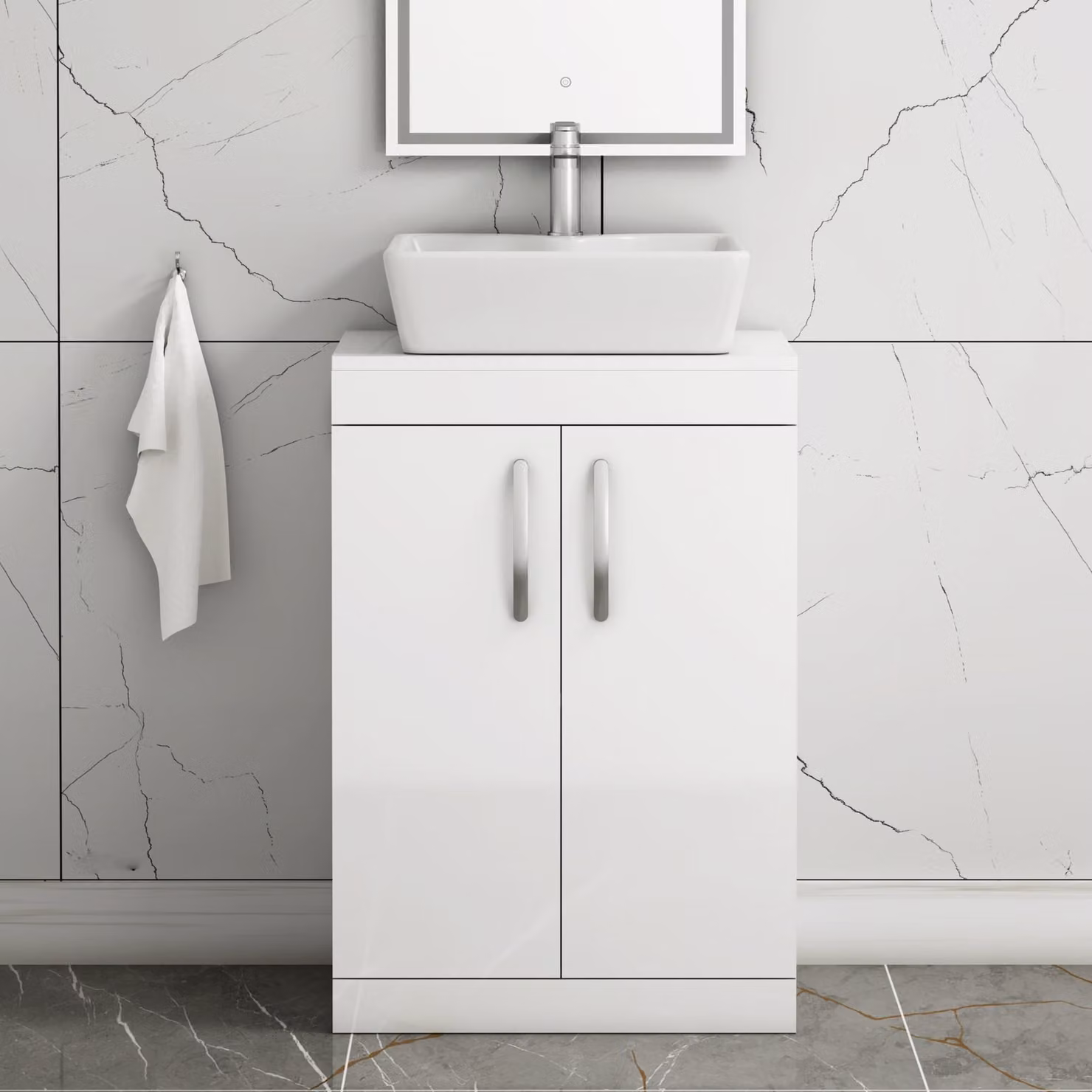 Royal Bathrooms Cube 600mm Gloss White Floor Standing 2 Door Vanity Unit with Countertop Basin