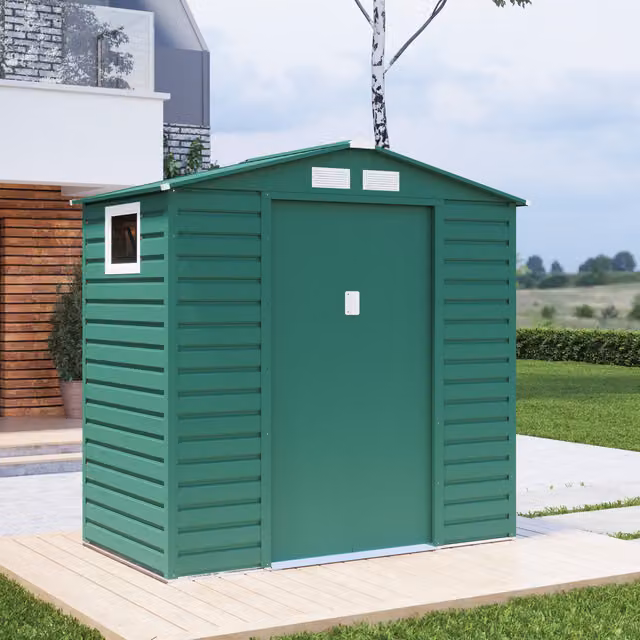 BillyOh Upton Apex Metal Shed in Green with Double Doors, Window and Side Vent