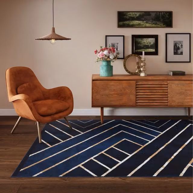The Rug House Art Deco Geometric Living Room Rug in Blue and Gold, W: 110 cm, D: 60 cm