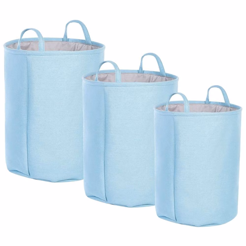 Wyld and Coco 3-Pack Round Cotton Fabric Drawstring Storage Baskets with Covers, Blue – 2