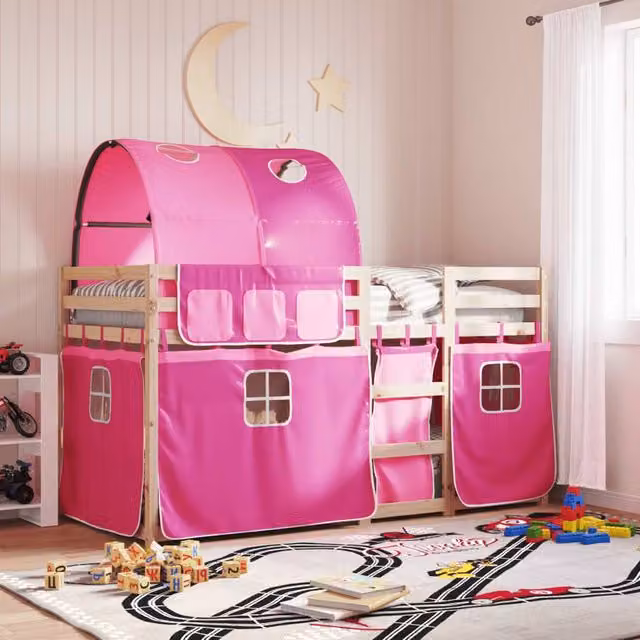 Berkfield Home Pink Solid Wood Pine Single Bunk Bed with House Frame, W/D/H: 90 x 190 cm