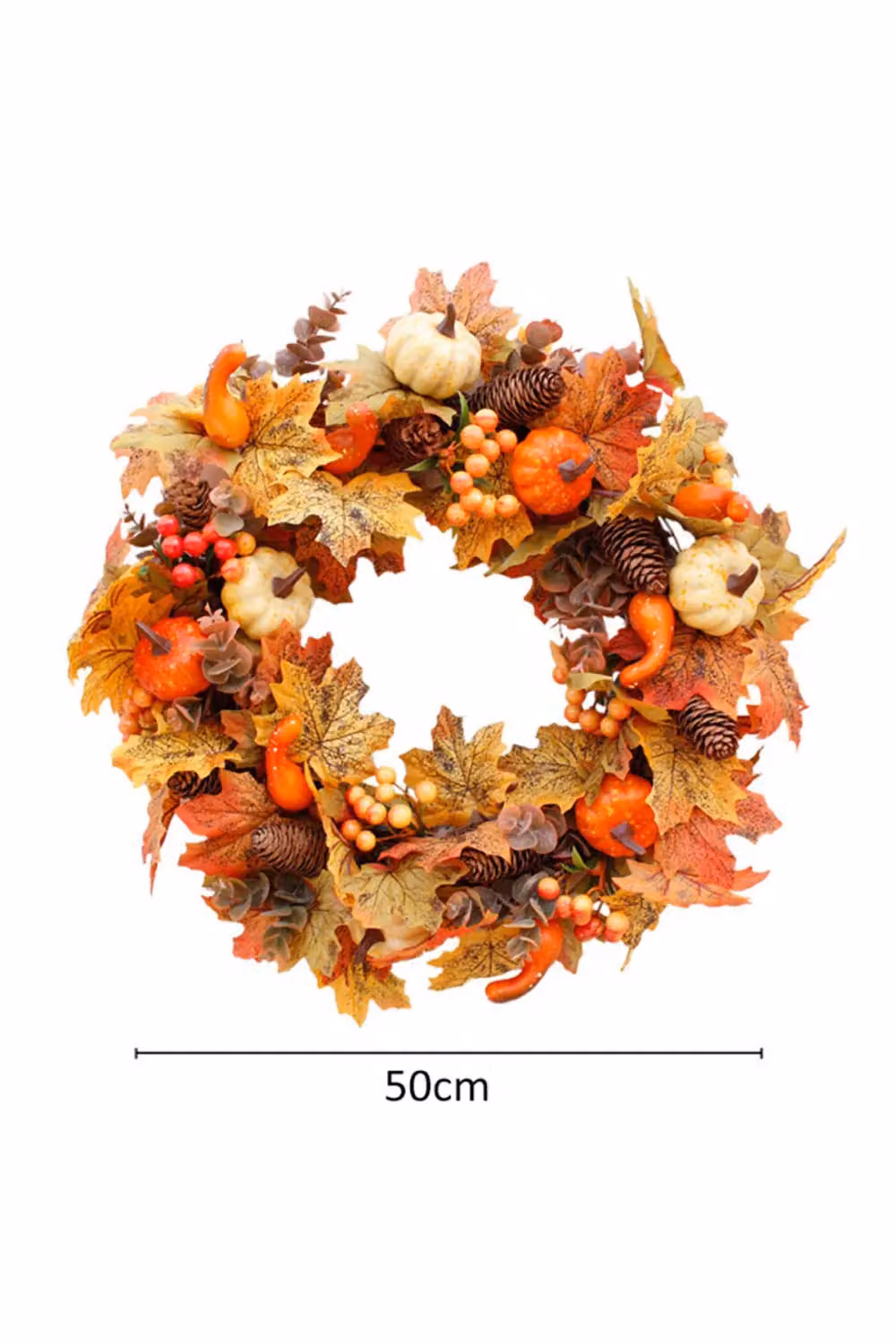Living and Home Orange Autumn Harvest Wreath with Mini and Curved Pumpkins, Maple Leaves, Pinecones and Berries, Diameter: 50 cm – 3