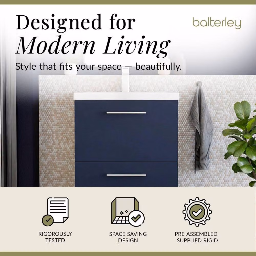 Balterley Contemporary Midnight Blue Floor Standing 2 Soft-Close Drawer Vanity Unit with Mid-Edge Ceramic Basin, W: 61 cm, D: 39 cm, H: 84 cm – 2