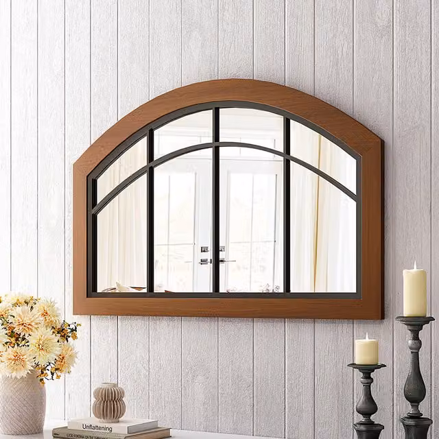 Sheonly Vintage Brown Wood Arch Wall Mirror