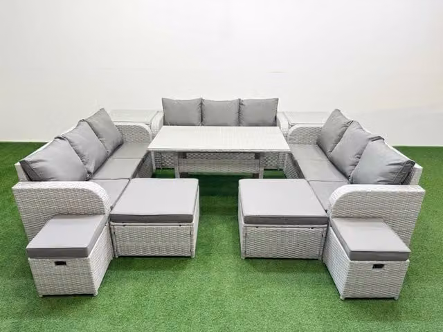 Fimous 10 Seater PE Rattan Lounge Sofa Set with Metal and Glass in Light Grey