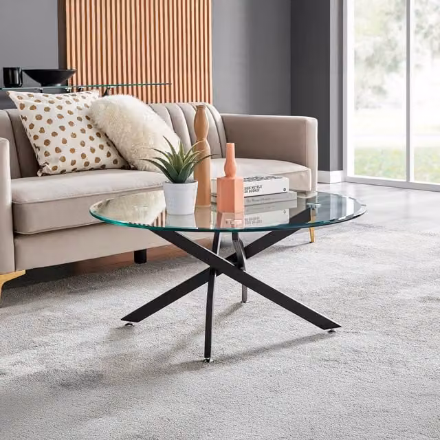 FurnitureboxUK Novara Round Coffee Table with Black Metal X-Frame and Transparent Glass Top