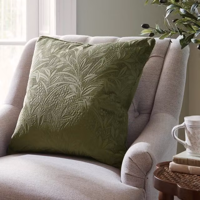 Laura Ashley Barley Embossed Square Velvet Filled Cushion in Olive Green, W/D/H: 50 x 50 x 50 cm