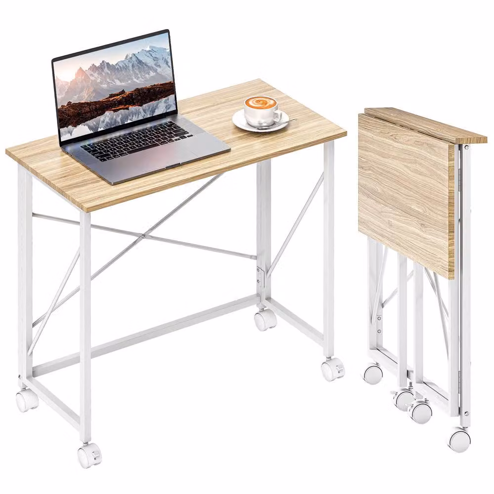 HOMCOM Folding Writing Desk with Castors for Home Office in Light Oak and White – 2