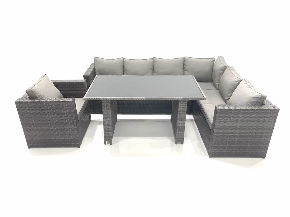 Fimous Rattan Corner Sofa Set with Rectangular Dining Table and Chairs in Dark Grey – 2
