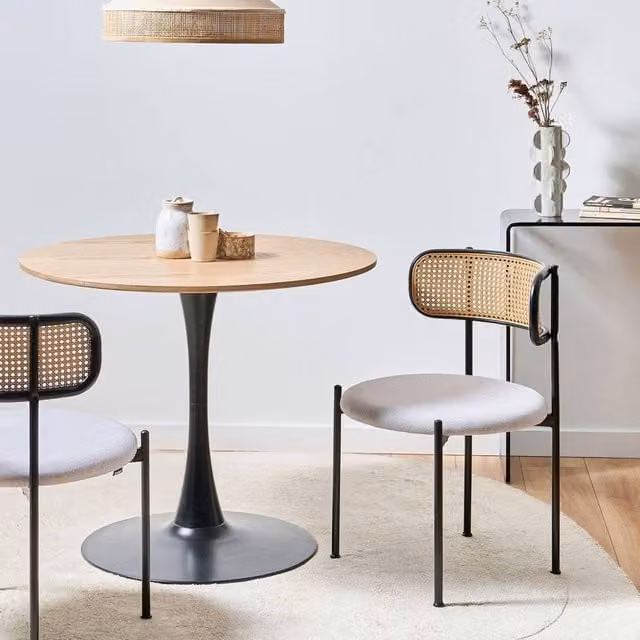 Wyld and Coco Set of 2 Viennese Accent Dining Chairs with Grey Fabric Seats and Black Lacquered Iron Frames