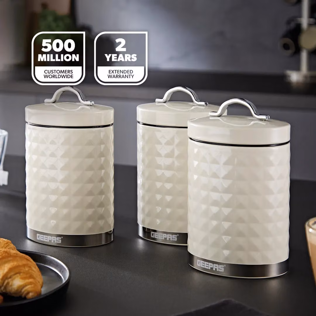 Geepas Argyle 3-Piece Airtight Tea Coffee Sugar Canister Set, 1.3 l, Beige/White – 2