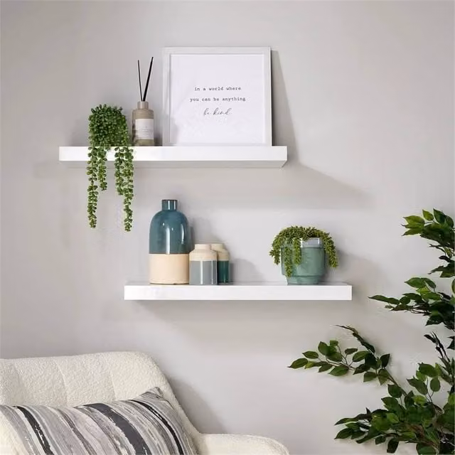 NESTLUNE Pair of White Wooden Floating Wall Mounted Storage Shelves