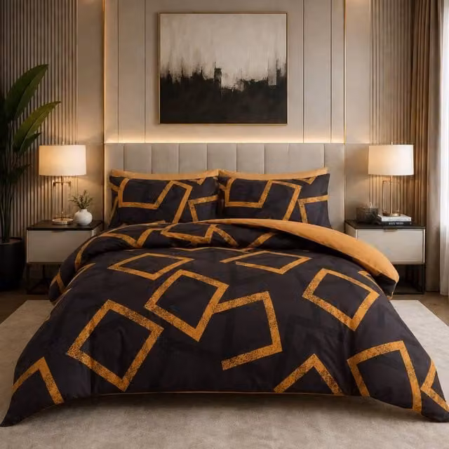 Pamposh Luxury Reversible Microfibre Duvet Cover Set in Black, Grey and Gold, Single, 90 x 200 cm – 1