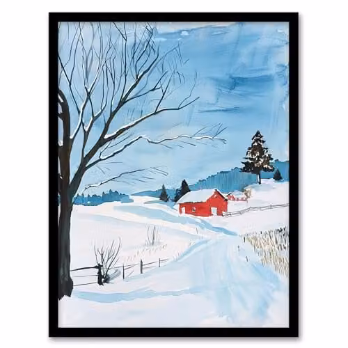 Artery8 Red Swedish Cottage in Winter Snow Countryside Framed Wall Art Print, A4