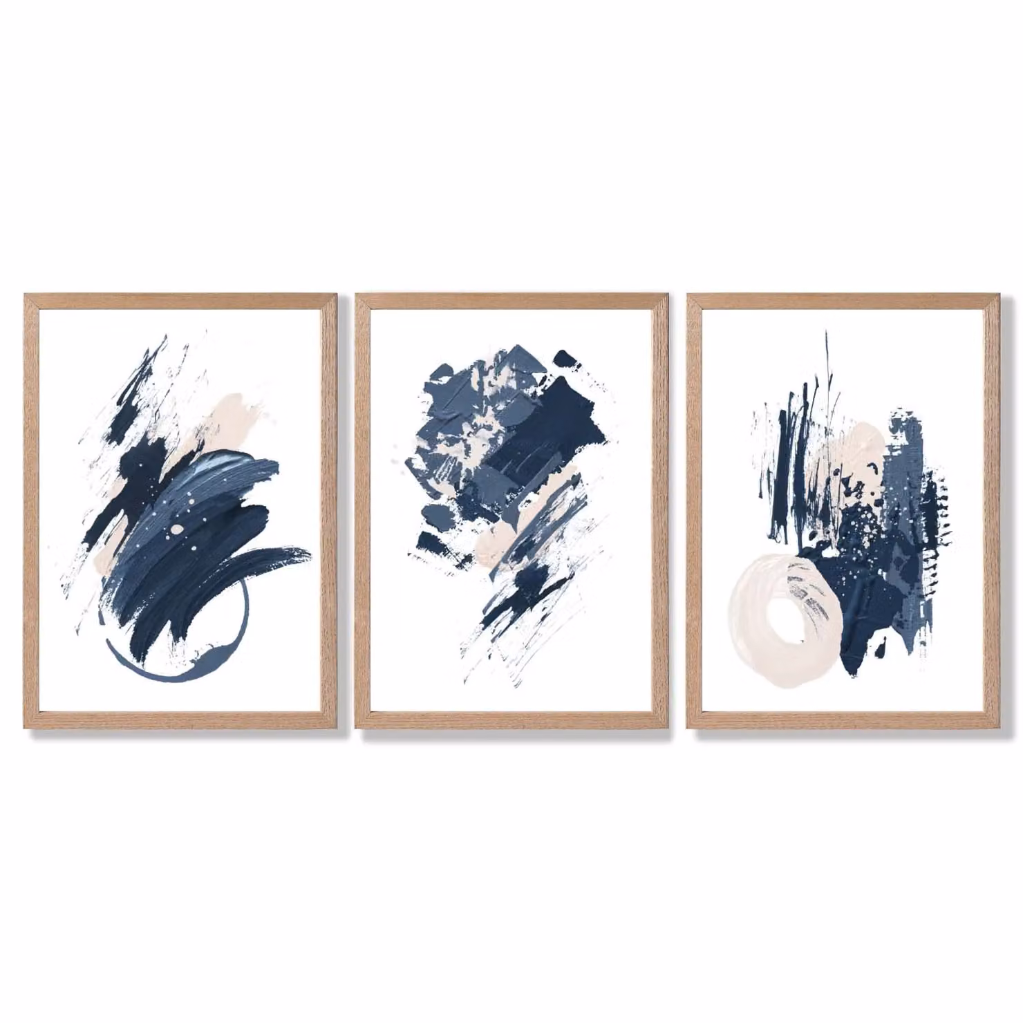 ARTZE Set of 3 Blue Abstract Minimalist Wall Art Prints with Oak Frames, Size: A2 – 2