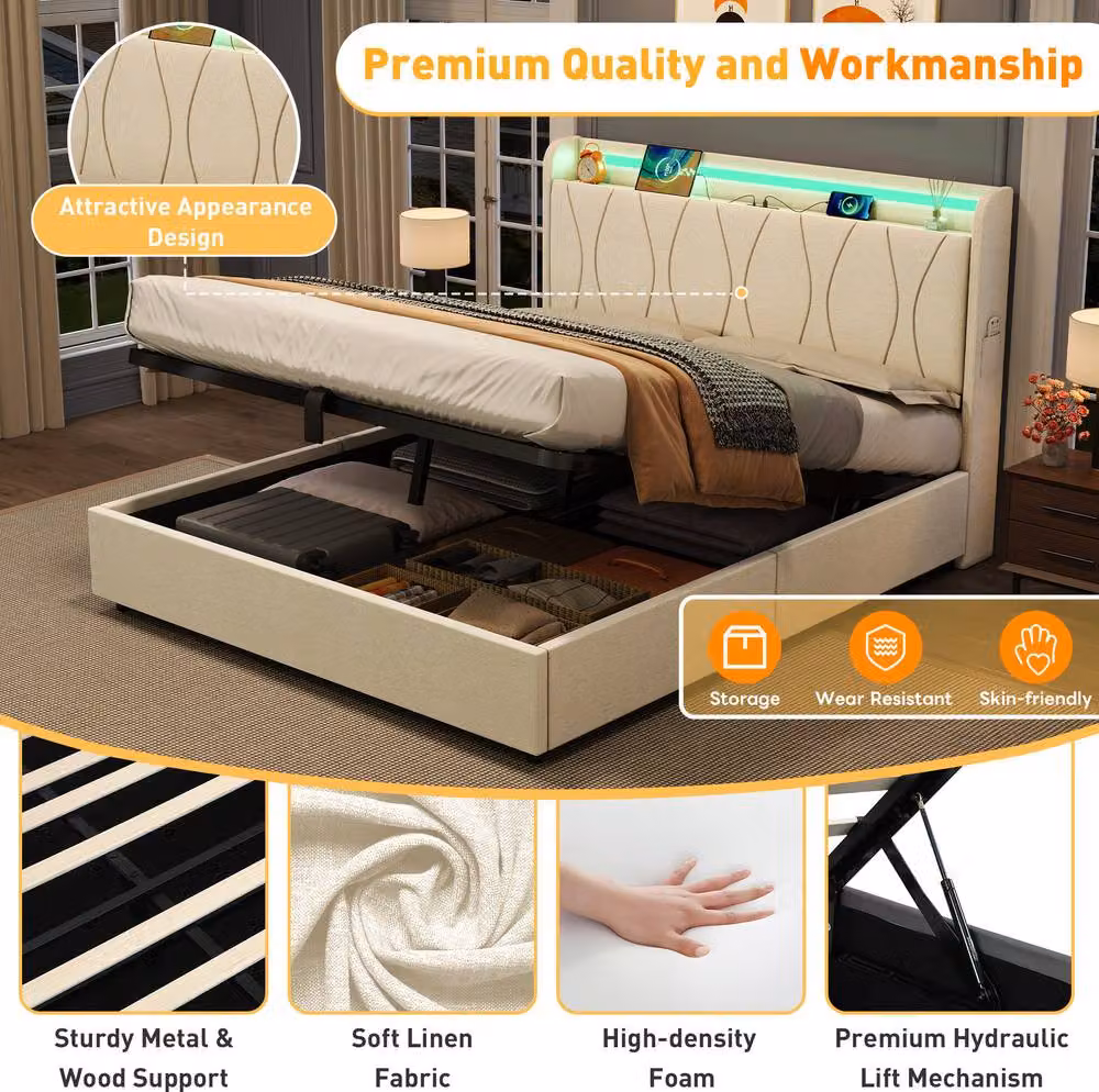 STILVORA Double Upholstered Bed Frame with Storage, LED Under-Bed Lighting and USB Charging Ports, Beige, W: 140 cm, D: 200 cm, H: 137 cm – 5