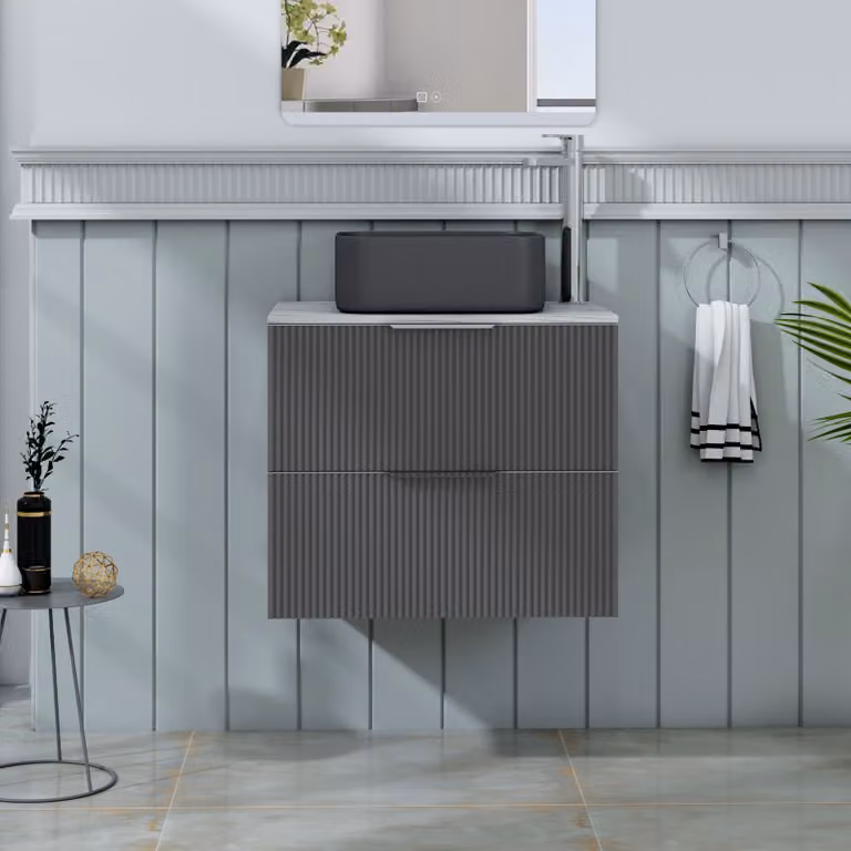 Royal Bathrooms Evora 600mm Graphite Grey Fluted Wall Hung Vanity Unit with Art Square Basin and 2 Drawers