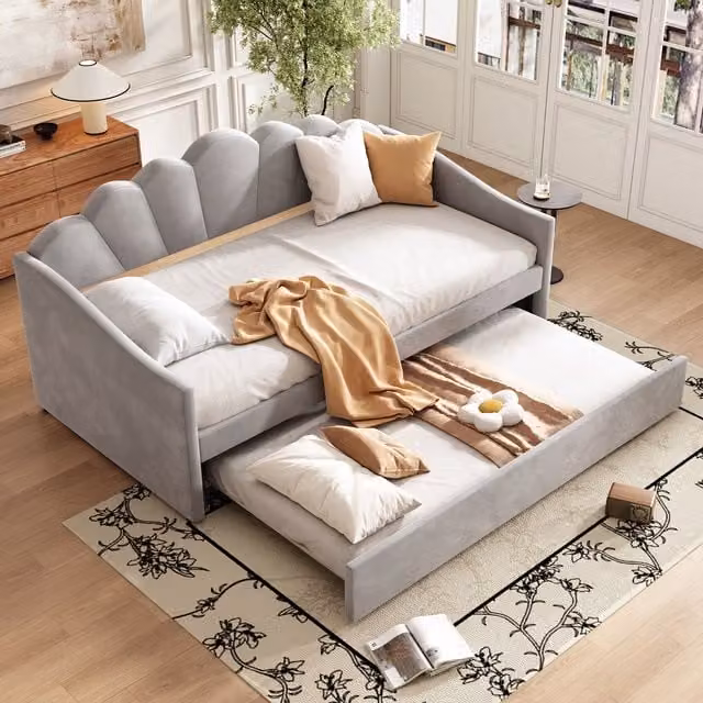 Matteo Grey Velvet Upholstered Single Bed with Trundle, W/D/H: 90 x 190 cm