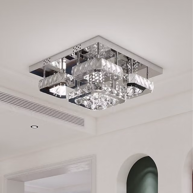 Komore Dimmable Square Crystal LED Flush Ceiling Light in Silver and Chrome