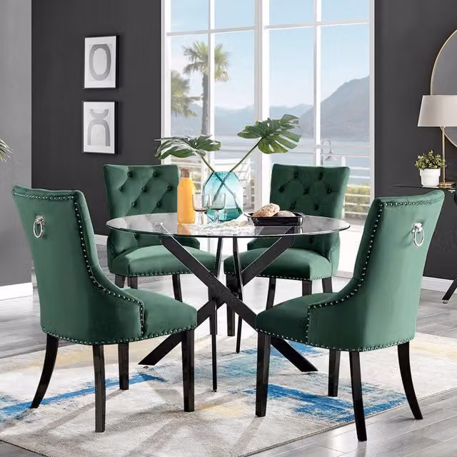 FurnitureboxUK Novara Round Glass Dining Table with 4 Belgravia Black Leg Chairs, Green