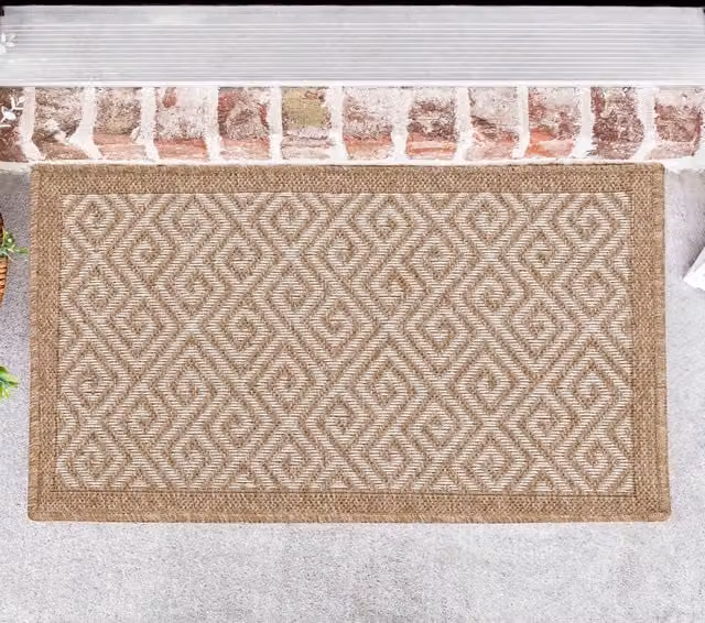 Desire Rugs Modern Geometric Machine Woven Waterproof Indoor-Outdoor Rug in Beige and White, W: 50 cm, L: 80 cm