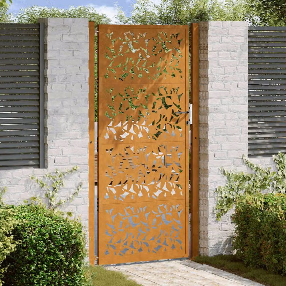 Berkfield Brown Weathering Steel Garden Gate with Leaf Design, W: 105 cm, H: 205 cm – 2