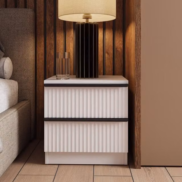 FWStyle Modern Matt White 2 Drawer Bedside Table with Scalloped Ripple Effect