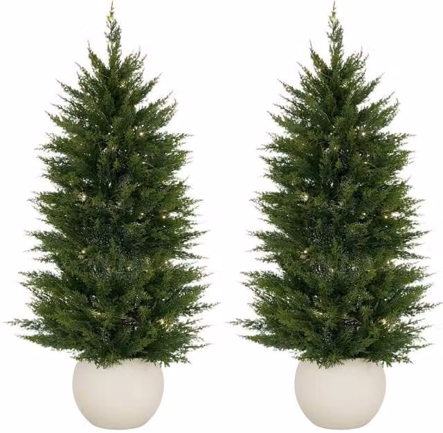 VOGREX Set of 2 Green Artificial Cedar Topiary Trees, 121.92 cm UV Resistant Faux Plants – 1