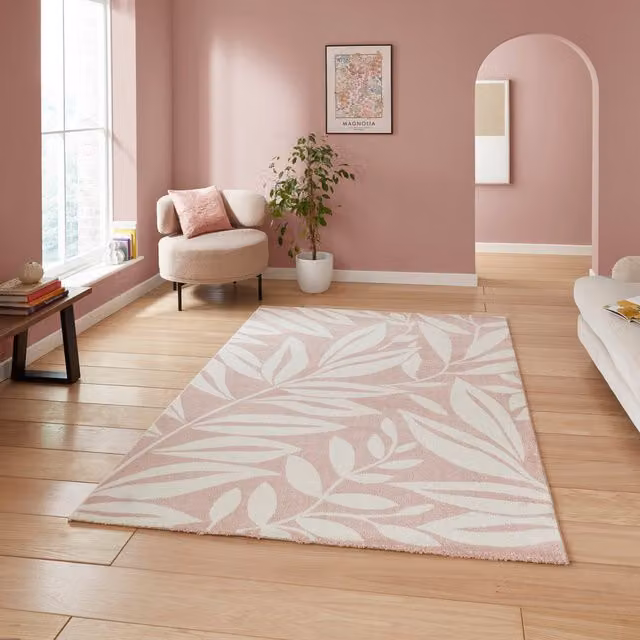 Catherine Lansfield Sorral Leaves Botanical Floral Rug in Red and Pink